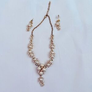 Gold Pearl Rhinestone formal wedding prom Necklace and earring set